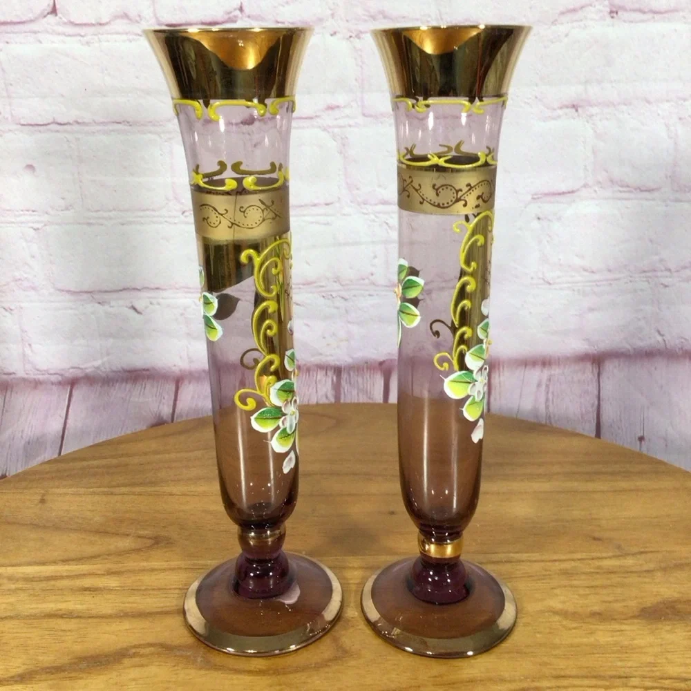 Vintage Norcrest Purple Amethyst Hand Painted Glass Vase Pair